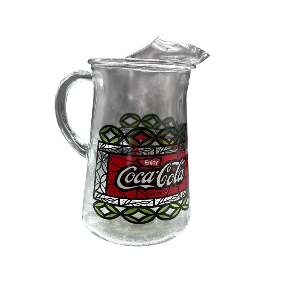 Vintage Coca-Cola Glass Pitcher With Handle & Lid Stained Glass Design